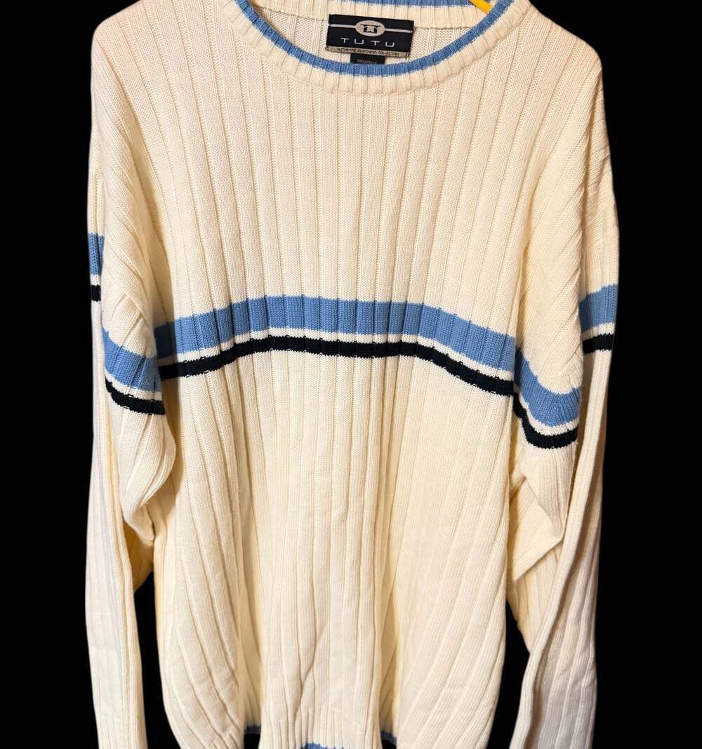 Vintage TUTU Ribbed Knit Sweater Men’s XL Cream Blue Stripe Crewneck